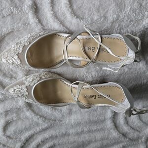 Bella Belle Ivory Lace Pointed Toe Kitten Heel with Ankle Tie